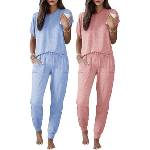 image:imageEkouaer 2 pack Pajama Sets for Womens Jogger Pants Pjs Short Sleeves Lounge Set Soft Sleepwear with PocketsBlue and Pink