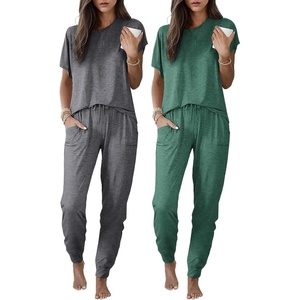 image:imageEkouaer 2 pack Pajama Sets for Womens Jogger Pants Pjs Short Sleeves Lounge Set Soft Sleepwear with PocketsDary Grey and Green