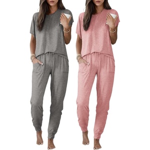 image:imageEkouaer 2 pack Pajama Sets for Womens Jogger Pants Pjs Short Sleeves Lounge Set Soft Sleepwear with PocketsGrey and Pink