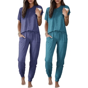 image:imageEkouaer 2 pack Pajama Sets for Womens Jogger Pants Pjs Short Sleeves Lounge Set Soft Sleepwear with PocketsNavy Blue and Teal