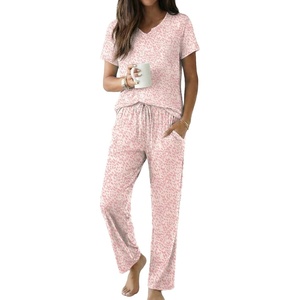 image:imageEkouaer 2 Piece Womens Pajamas Set Short Sleeve Pjs Print Pants Lounge SetA Rose Pink Leopard