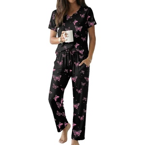 image:imageEkouaer 2 Piece Womens Pajamas Set Short Sleeve Pjs Print Pants Lounge SetBlack Butterfly