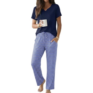 image:imageEkouaer 2 Piece Womens Pajamas Set Short Sleeve Pjs Print Pants Lounge SetBlue Stripe