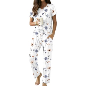 image:imageEkouaer 2 Piece Womens Pajamas Set Short Sleeve Pjs Print Pants Lounge SetElegant White and Blue Flowers