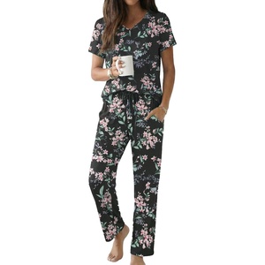 image:imageEkouaer 2 Piece Womens Pajamas Set Short Sleeve Pjs Print Pants Lounge SetFlowers Black