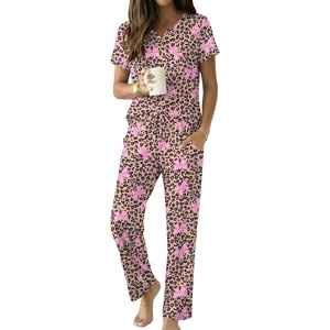 image:imageEkouaer 2 Piece Womens Pajamas Set Short Sleeve Pjs Print Pants Lounge SetLeopardprint Bow