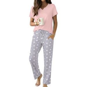 image:imageEkouaer 2 Piece Womens Pajamas Set Short Sleeve Pjs Print Pants Lounge SetPink and Gray Stars