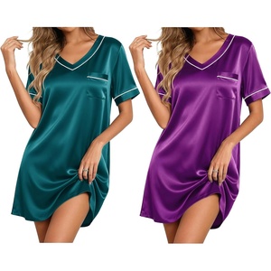 image:imageEkouaer 2 Pack Nightgowns for Women Satin Short Sleeve V Neck House DressBright Purple Teal
