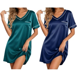 image:imageEkouaer 2 Pack Nightgowns for Women Satin Short Sleeve V Neck House DressTeal Navy Blue
