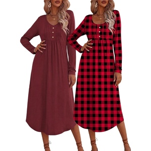 image:imageEkouaer 2 Pack Womens Nightgowns Long Sleeve Long Nightgowns for WomenWine Redblack Red Plaid