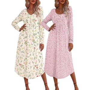 image:imageEkouaer 2 Pack Womens Nightgowns Long Sleeve Long Nightgowns for WomenYellow Flowerpink White Flower
