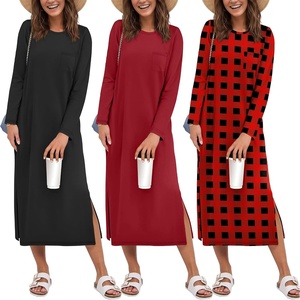 image:imageEkouaer 3 Pack Long Sleeve Full Length Chest Pocket Nightgowns for WomenBlackwine Redgrid