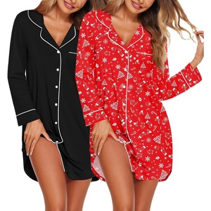 image:imageEkouaer 2 Pack Nightgowns for Women Long Sleeve Button Down Sleep ShirtBlackChristmas Print