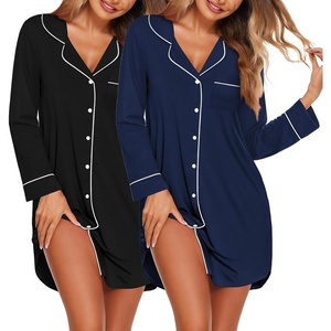 image:imageEkouaer 2 Pack Nightgowns for Women Long Sleeve Button Down Sleep ShirtBlackNavy Blue