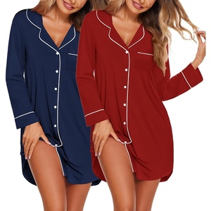image:imageEkouaer 2 Pack Nightgowns for Women Long Sleeve Button Down Sleep ShirtNavy BlueWine Red