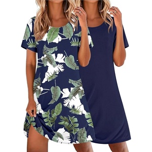 image:imageEkouaer 2 Pack Nightgowns for Women Sleepshirt Short Sleeve Night ShirtsTropical Leafnavy Blue