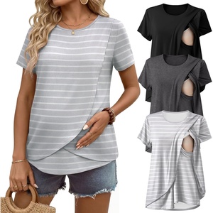 image:imageEkouaer 3 Pack Nursing Shirts Short Sleeve Breastfeeding Tops Maternity TeeBlackDark GrayGray White Stripes