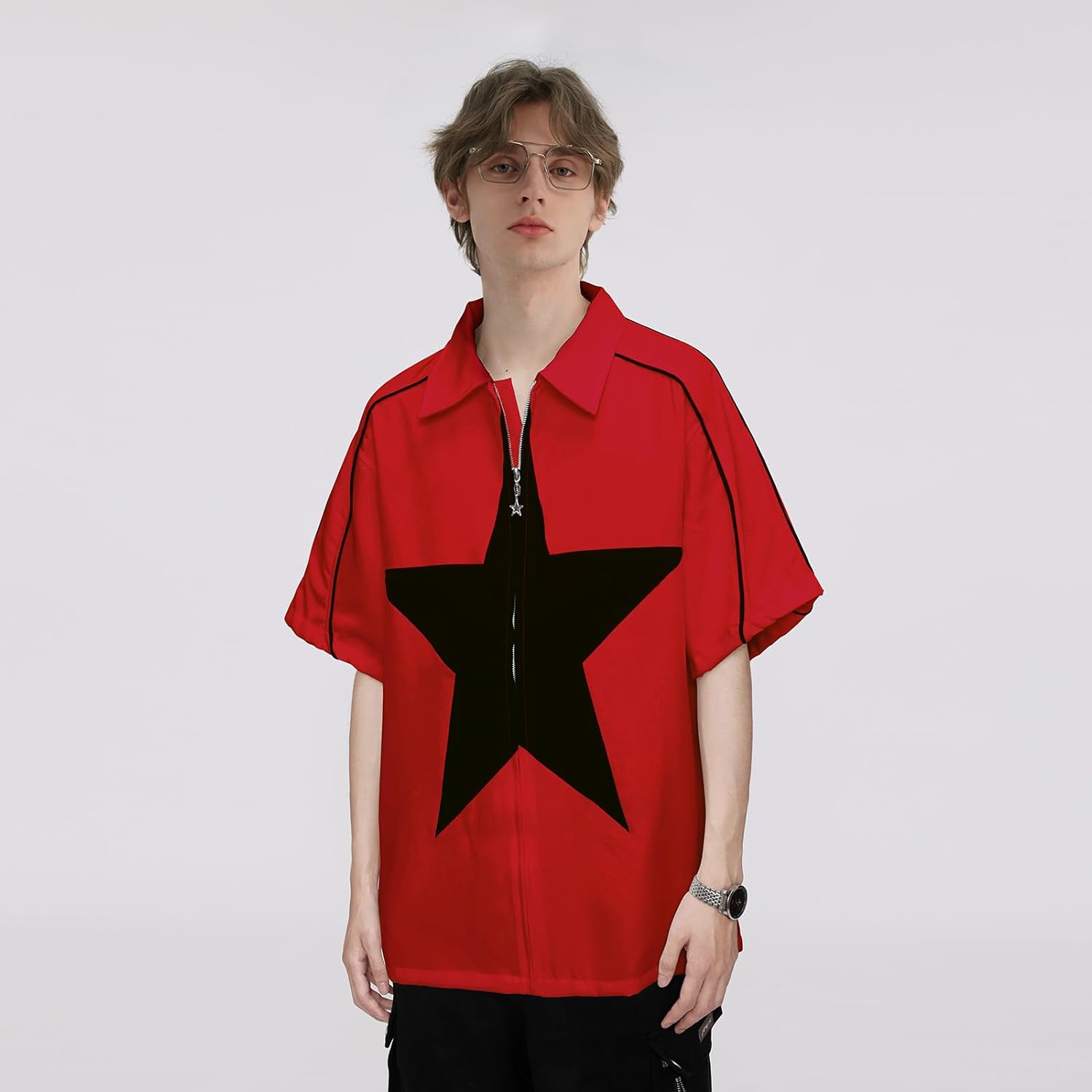 Aelfric Eden Mens Vintage Oversized Shirts Unisex Streetwear Patchwork Casual ShortSleeveA5red