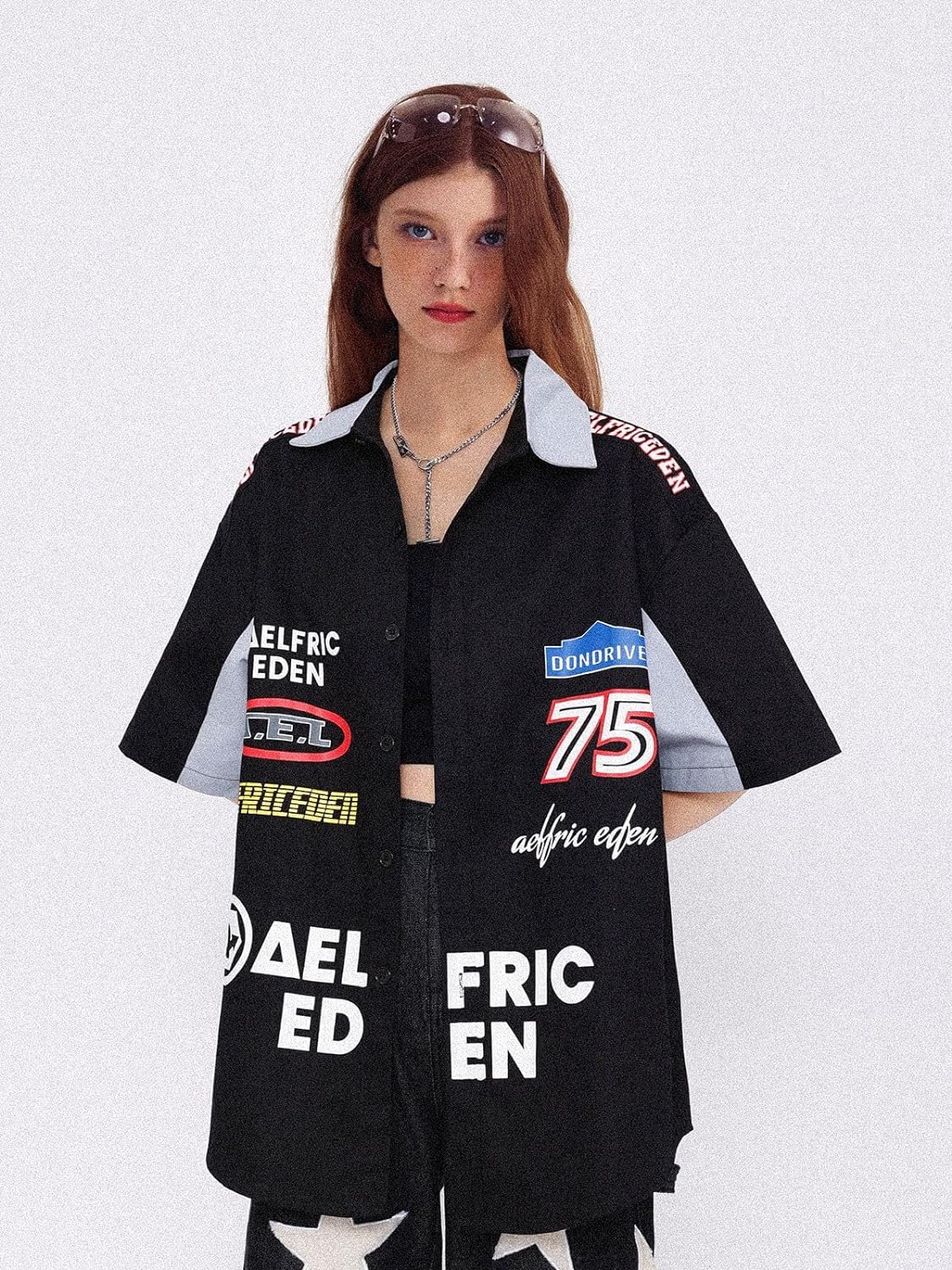 Aelfric Eden Mens Vintage Oversized Shirts Unisex Streetwear Patchwork Casual ShortSleeveA6black