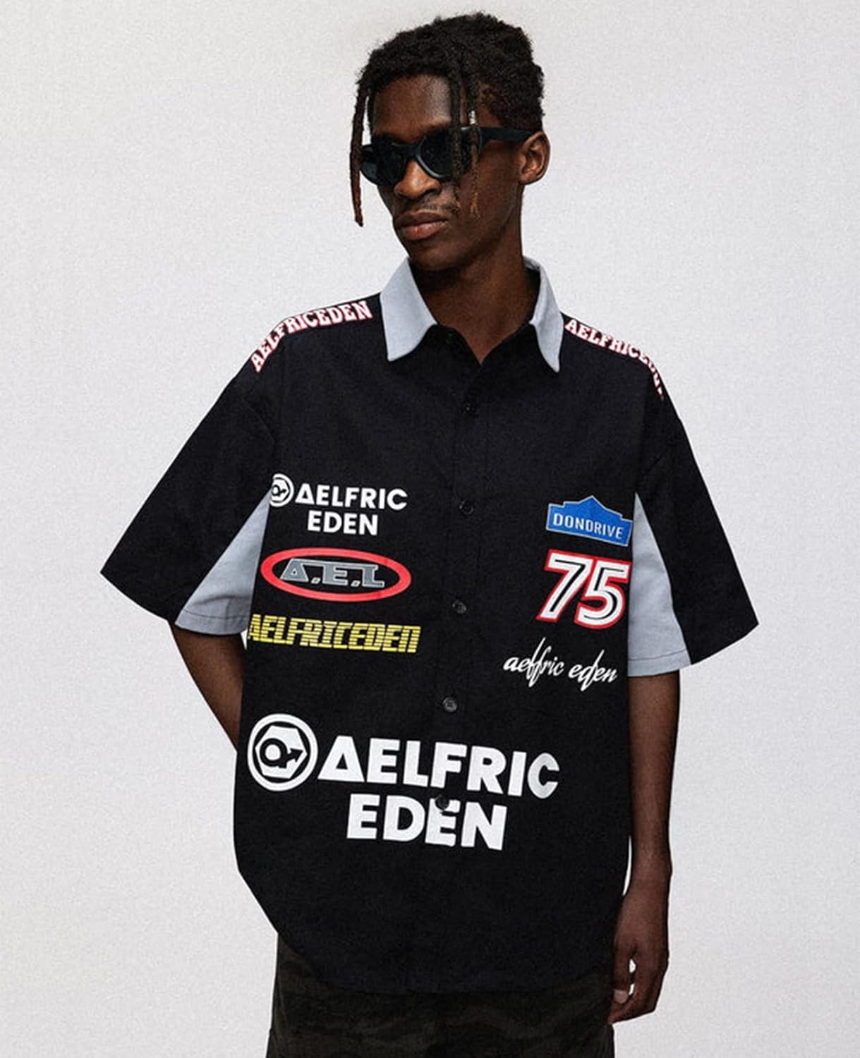 Aelfric Eden Mens Vintage Oversized Shirts Unisex Streetwear Patchwork Casual ShortSleeveA6black