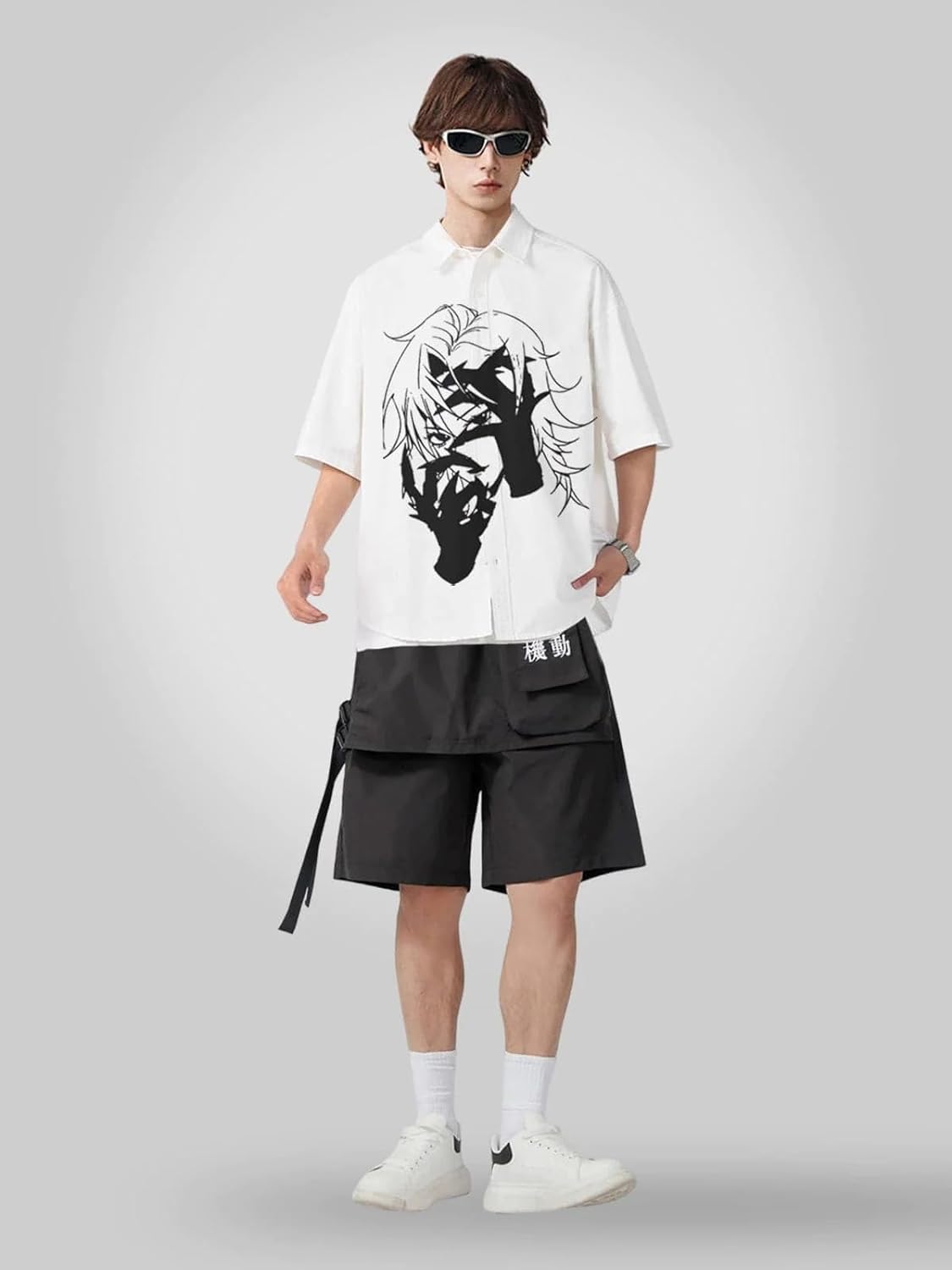 Aelfric Eden Mens Vintage Oversized Shirts Unisex Streetwear Patchwork Casual ShortSleeveC04white
