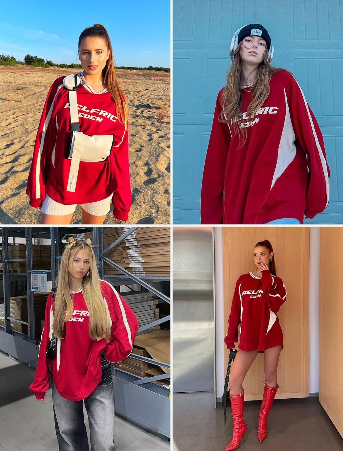 Aelfric Eden Oversized Crewneck Sweatshirts for Men Vintage Graphic Pullover Loose Fit Streetwear Long Sleeve TopAred