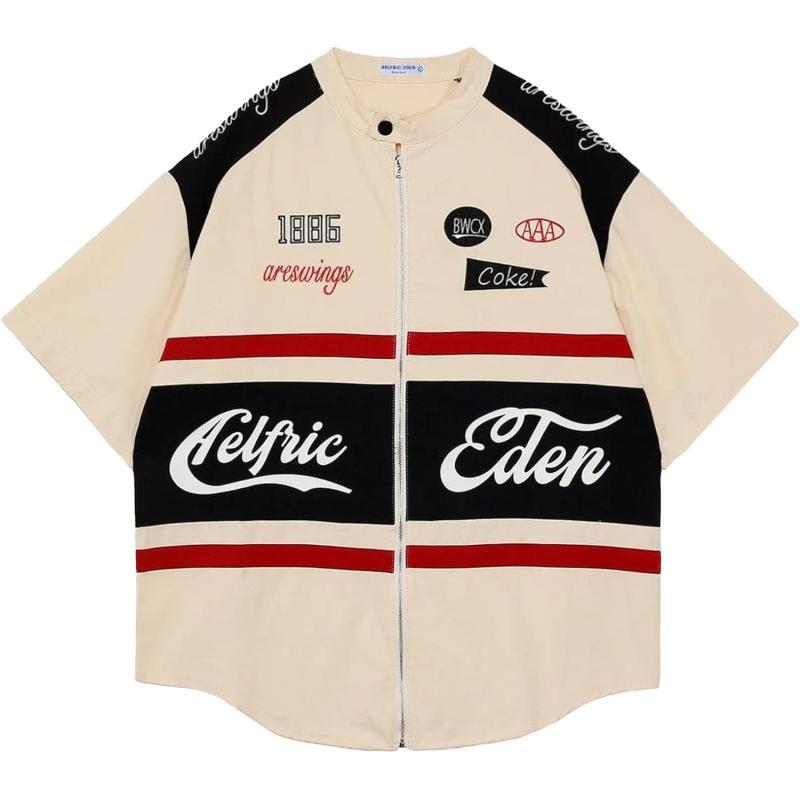 Aelfric Eden Mens Vintage Oversized Shirts Unisex Streetwear Patchwork Casual ShortSleeveA2beige