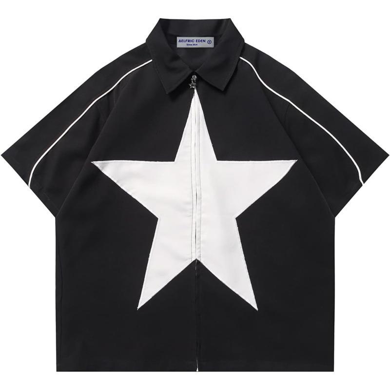 Aelfric Eden Mens Vintage Oversized Shirts Unisex Streetwear Patchwork Casual ShortSleeveA5black