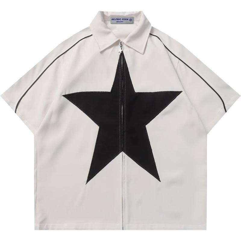 Aelfric Eden Mens Vintage Oversized Shirts Unisex Streetwear Patchwork Casual ShortSleeveA5white
