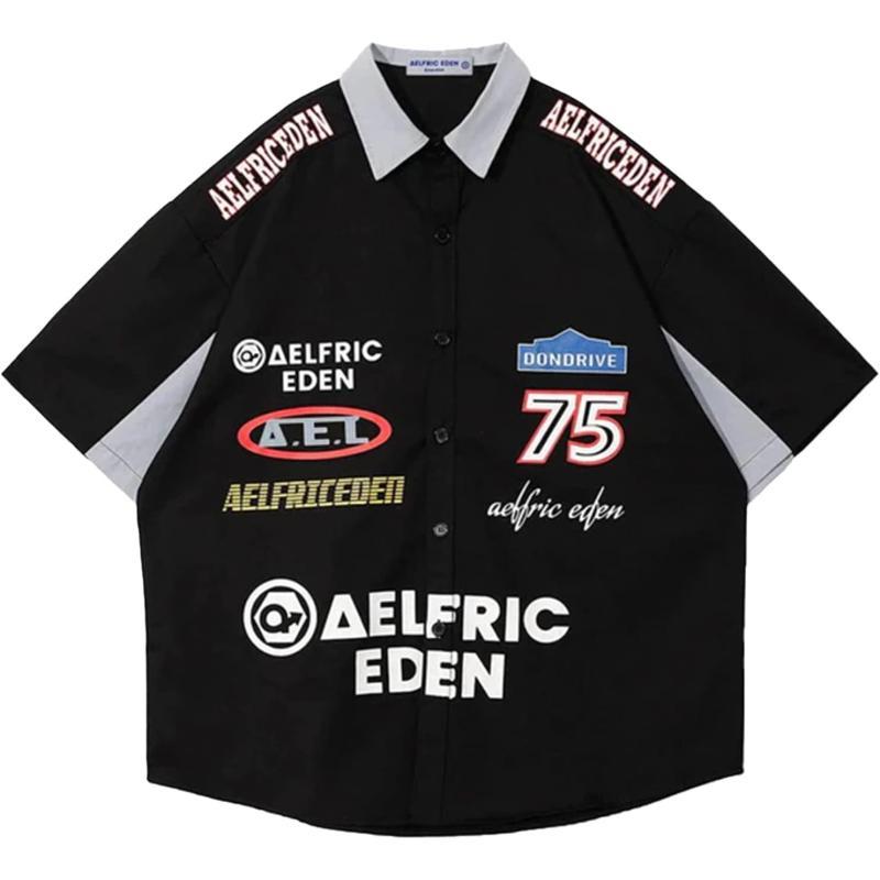Aelfric Eden Mens Vintage Oversized Shirts Unisex Streetwear Patchwork Casual ShortSleeveA6black