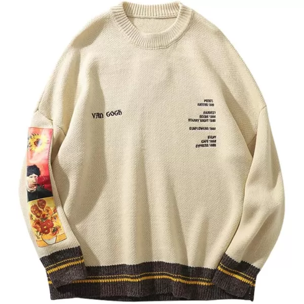 Aelfric Eden Mens Long Sleeve Van Gogh Printed Cable Knit Sweaters Casual Oversized Sweater PulloverBeige