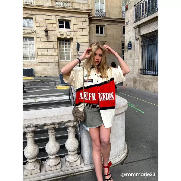 Aelfric Eden Mens Vintage Oversized Shirts Unisex Streetwear Patchwork Casual ShortSleeveA1red