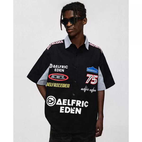 Aelfric Eden Mens Vintage Oversized Shirts Unisex Streetwear Patchwork Casual ShortSleeveA6black