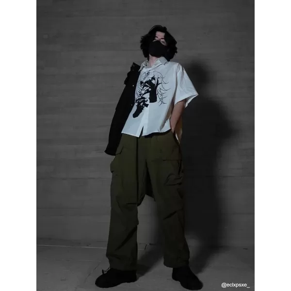 Aelfric Eden Mens Vintage Oversized Shirts Unisex Streetwear Patchwork Casual ShortSleeveC04white