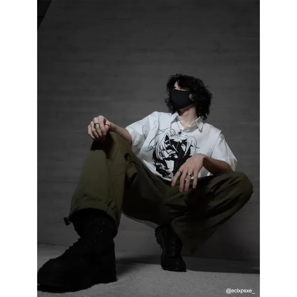Aelfric Eden Mens Vintage Oversized Shirts Unisex Streetwear Patchwork Casual ShortSleeveC04white