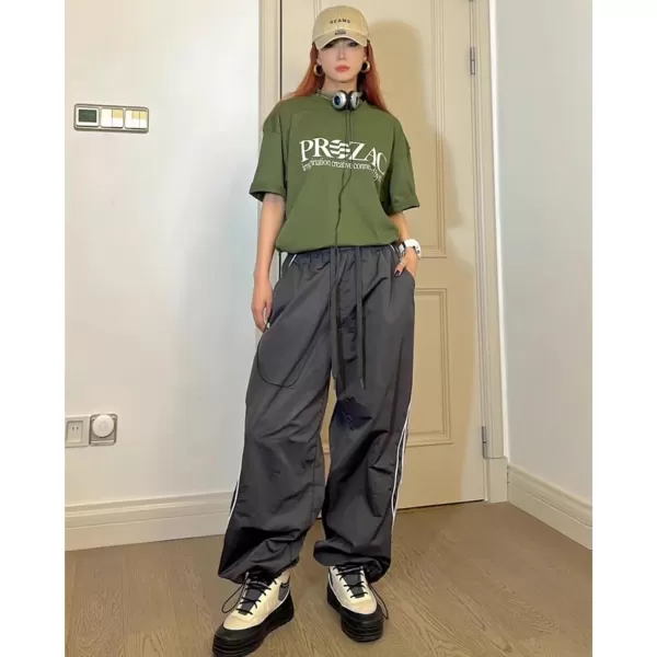 Aelfric Eden Striped Track Pants Men Parachute Pants Women Baggy Sweatpants Y2k Wide Leg Cargo Pants with DrawstringVs21darkgrey