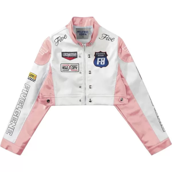 Aelfric Eden Womens Leather Jacket Cropped Motorcycle Biker Coat Color Block Bomber Vintage Racing JacketA1light Pink
