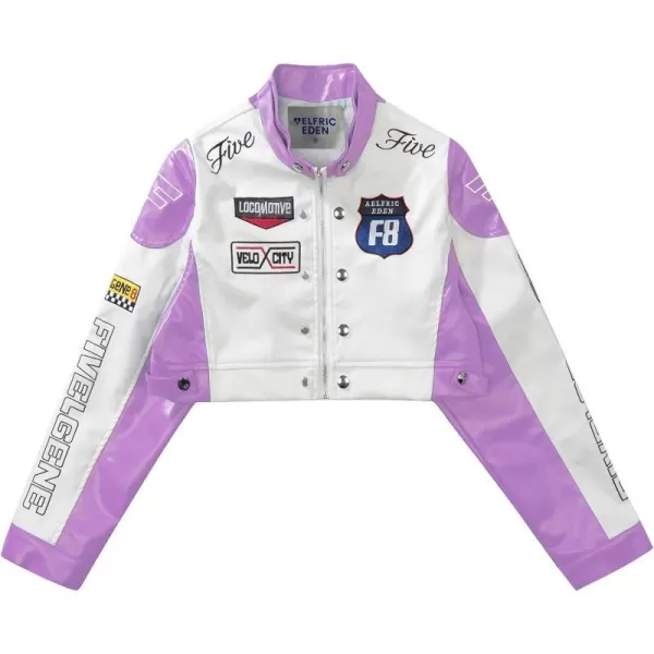 Aelfric Eden Womens Leather Jacket Cropped Motorcycle Biker Coat Color Block Bomber Vintage Racing JacketA1light Purple