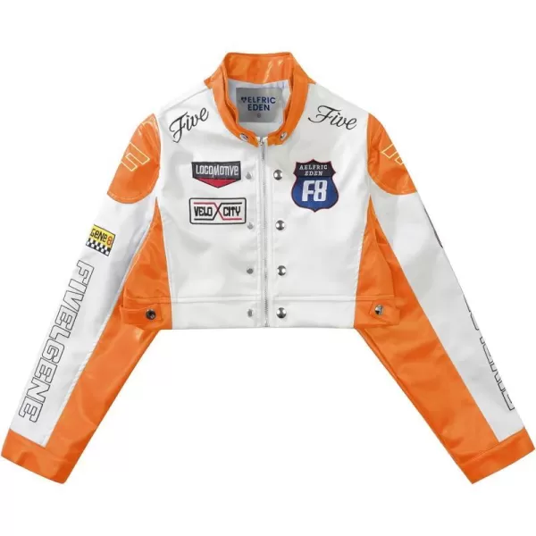 Aelfric Eden Womens Leather Jacket Cropped Motorcycle Biker Coat Color Block Bomber Vintage Racing JacketA1orange