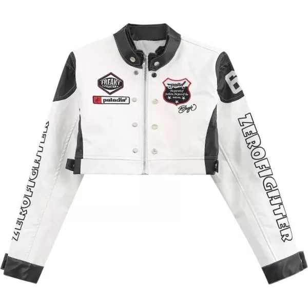 Aelfric Eden Womens Leather Jacket Cropped Motorcycle Biker Coat Color Block Bomber Vintage Racing JacketA3white