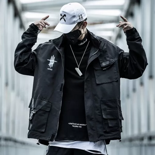 Aelfric Eden Streetwear Windbreaker Jackets Streetwear Multi Pockets Patchwork Hip Hop Cyberpunk Techwear Harajuku Coat3black