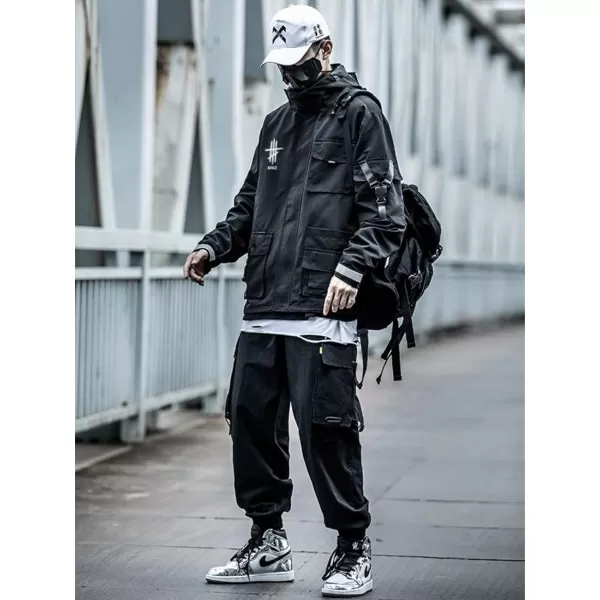 Aelfric Eden Streetwear Windbreaker Jackets Streetwear Multi Pockets Patchwork Hip Hop Cyberpunk Techwear Harajuku Coat3black