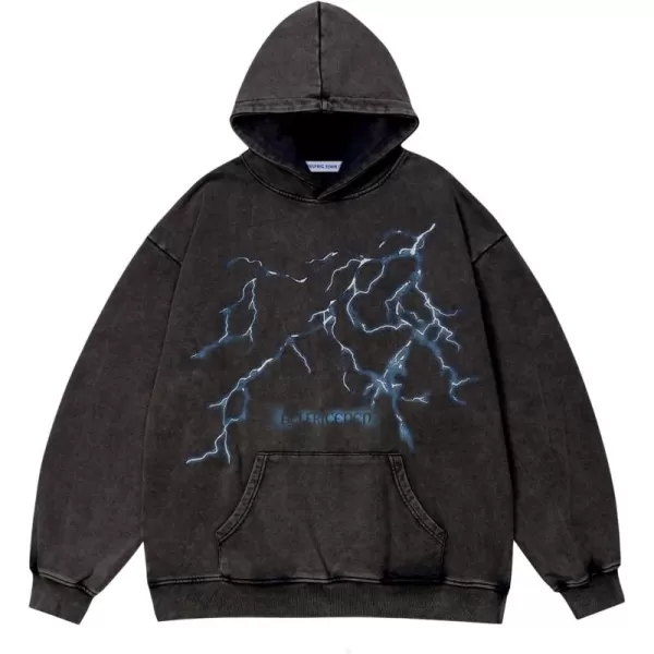 Aelfric Eden Washed Graphic Hoodies Oversized Lightning Streetwear Vintage Hoodie Y2k Hooded Sweatshirt Pullover UnisexBlack