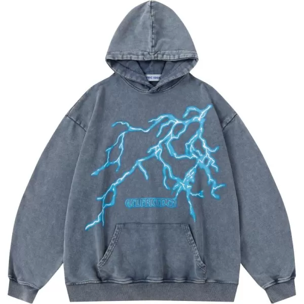 Aelfric Eden Washed Graphic Hoodies Oversized Lightning Streetwear Vintage Hoodie Y2k Hooded Sweatshirt Pullover UnisexBlue Grey