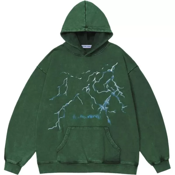 Aelfric Eden Washed Graphic Hoodies Oversized Lightning Streetwear Vintage Hoodie Y2k Hooded Sweatshirt Pullover UnisexDark Green