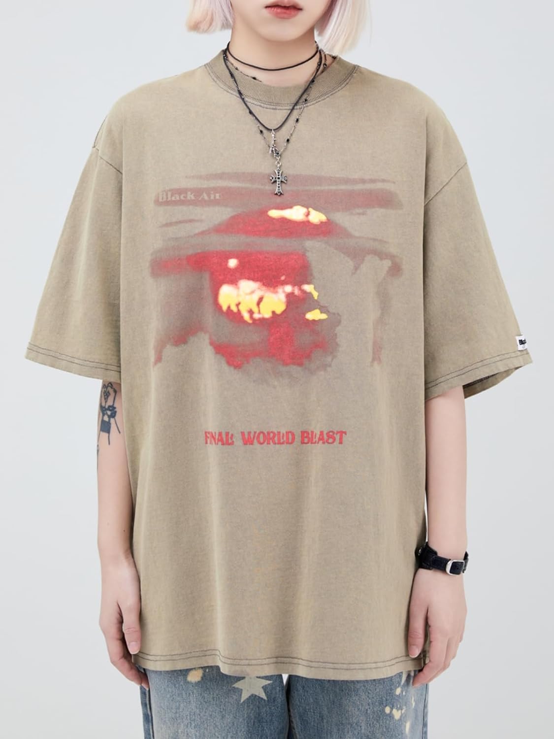 Aelfric Eden Mens Vintage Oversized Tee Shirts Doggy Graphic Print Crewneck Crop Tops Streetwear Cotton Short Sleeve1408khaki