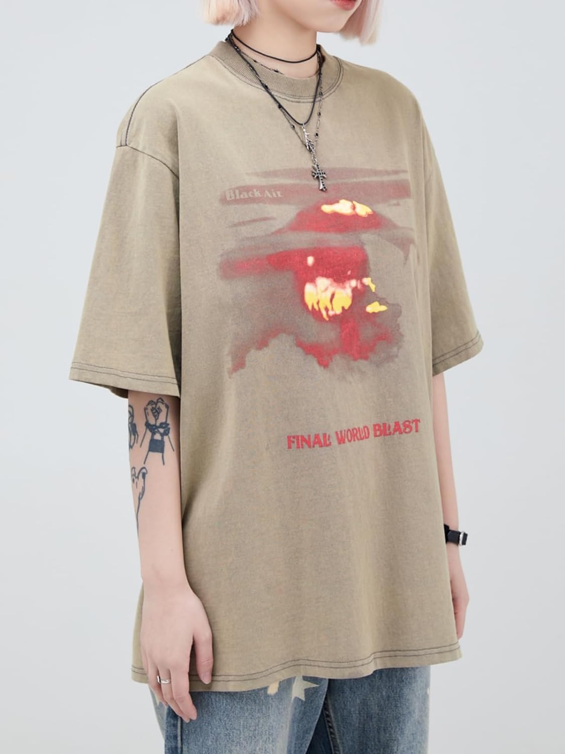 Aelfric Eden Mens Vintage Oversized Tee Shirts Doggy Graphic Print Crewneck Crop Tops Streetwear Cotton Short Sleeve1408khaki