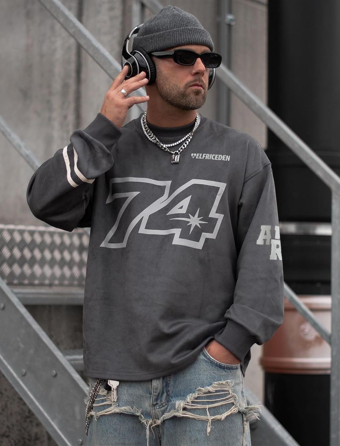 Aelfric Eden Oversized Crewneck Sweatshirts for Men Vintage Graphic Pullover Loose Fit Streetwear Long Sleeve TopGrey