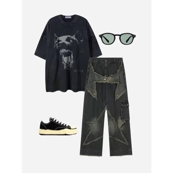 Aelfric Eden Mens Vintage Oversized Tee Shirts Doggy Graphic Print Crewneck Crop Tops Streetwear Cotton Short SleeveA01black