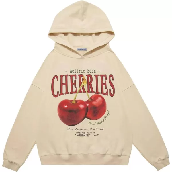 Aelfric Eden Graphic Hoodies Unisex Cherries Printed Oversized Hoodie Sweatshirt Long Sleeve Streetwear Hooded PulloverApricot